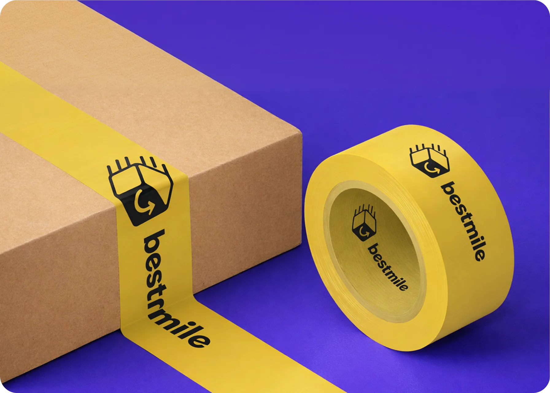 Fita adesiva personalizada Bestmile sobre uma caixa de papelão